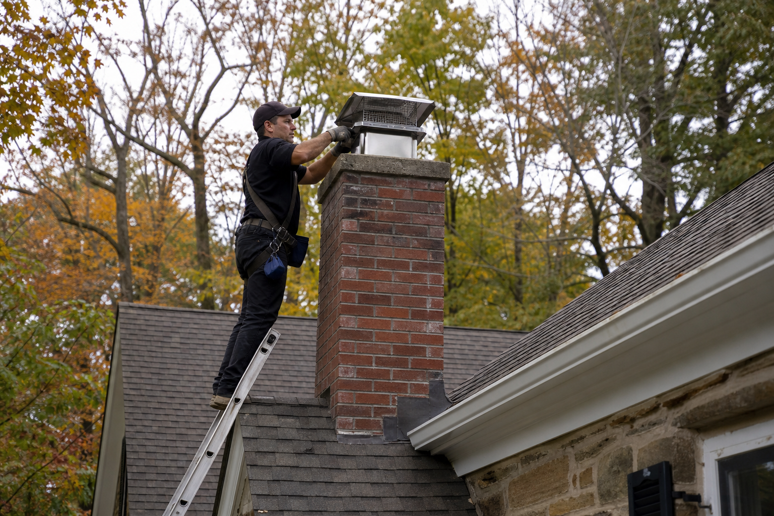 Technician installing a chimney cap on a Main Line home