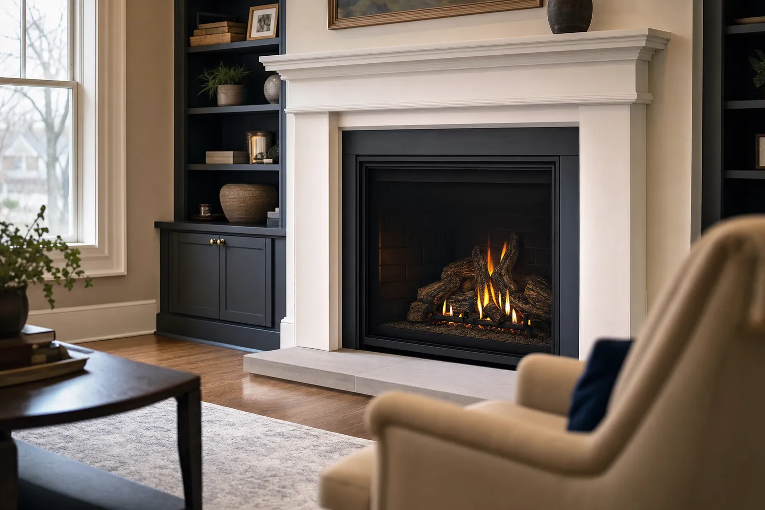 A modern gas fireplace insert installed in a living room