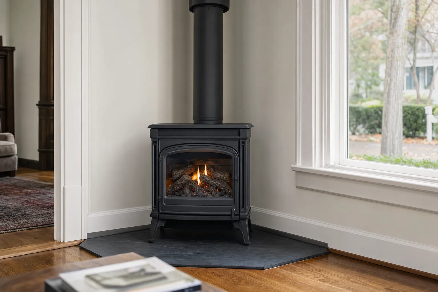 A gas stove installed in a cozy room