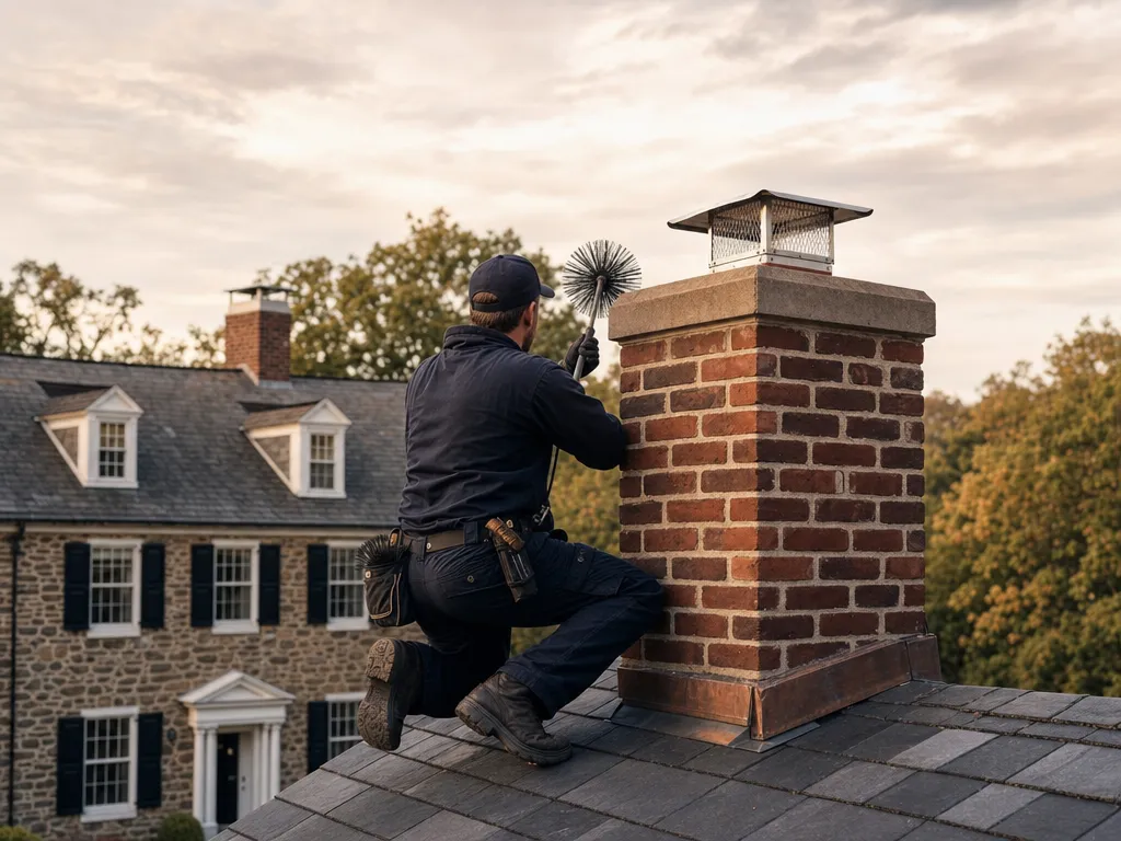 Technician documenting flue and crown condition during a chimney inspection on a Main Line home
