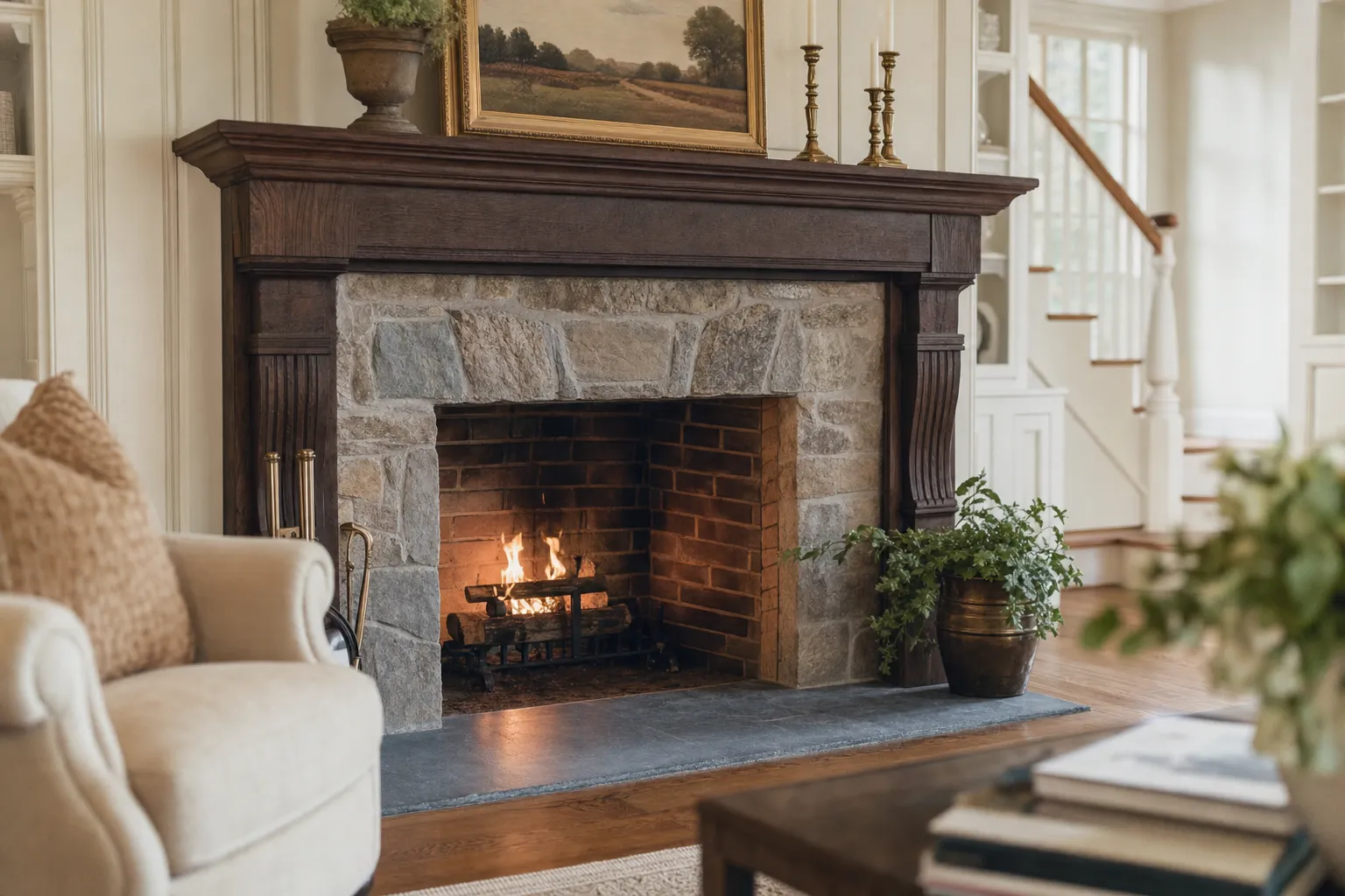 An elegant restored fireplace in a traditional Main Line living room