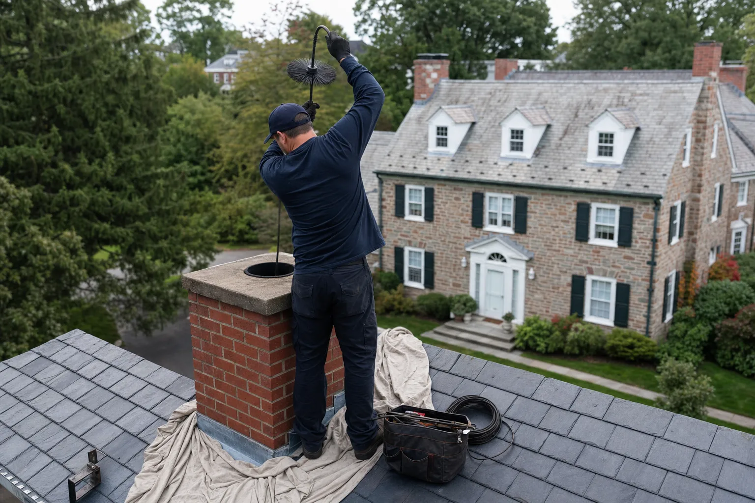 Chimney sweep brush cleaning a flue