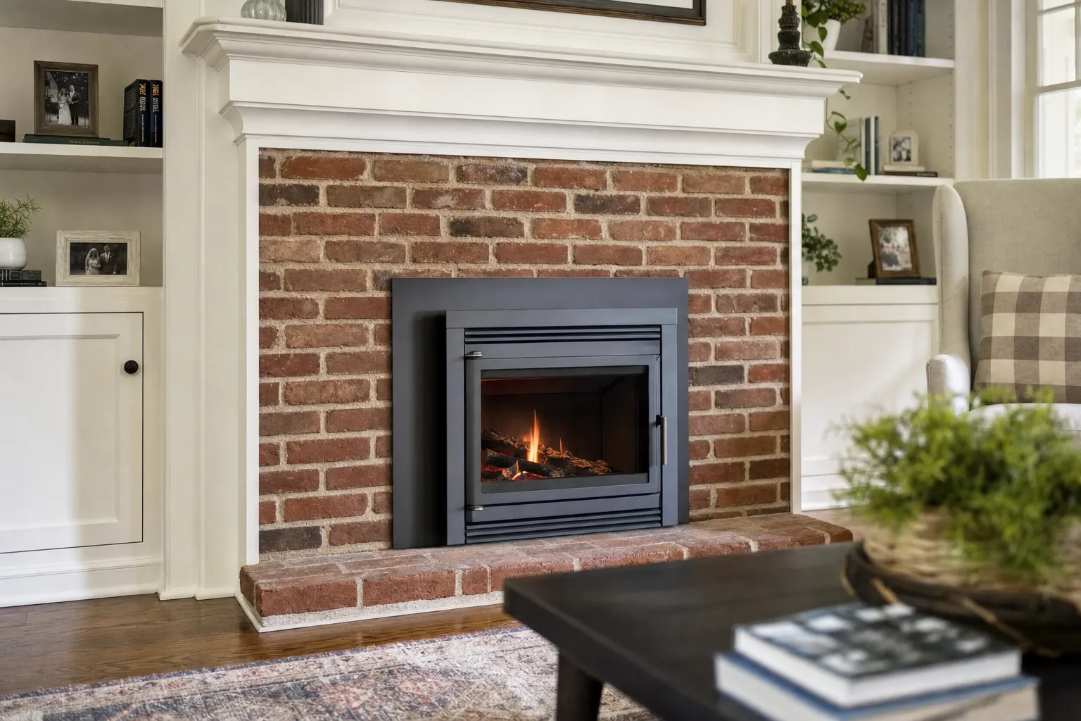 A wood-burning fireplace insert