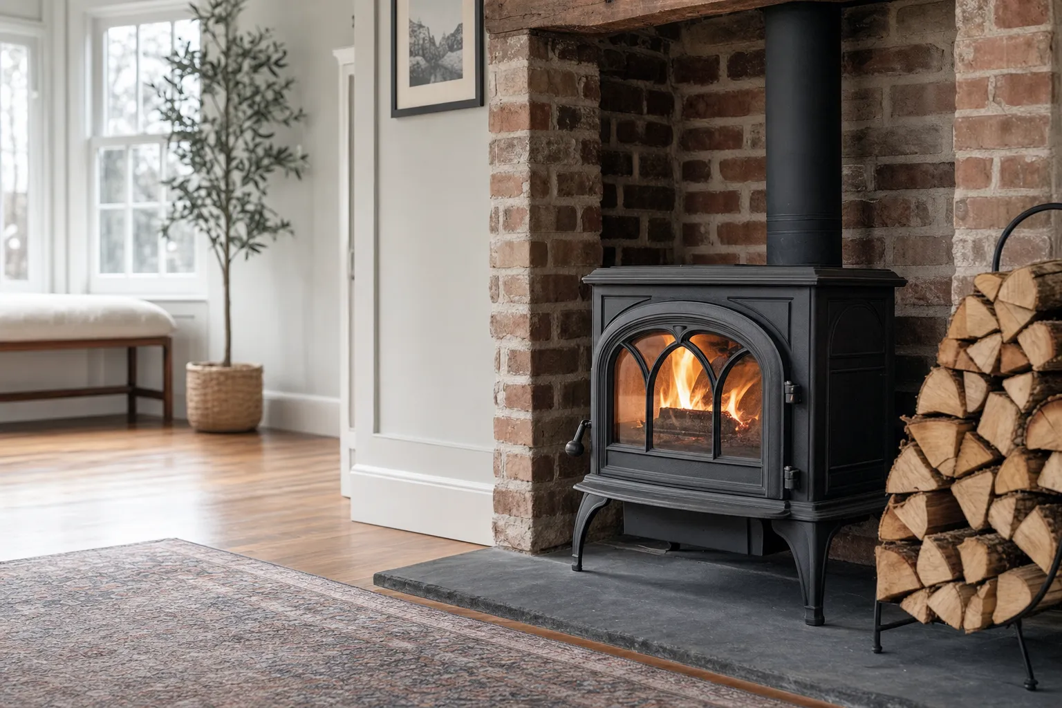 A wood stove installed in a Main Line home